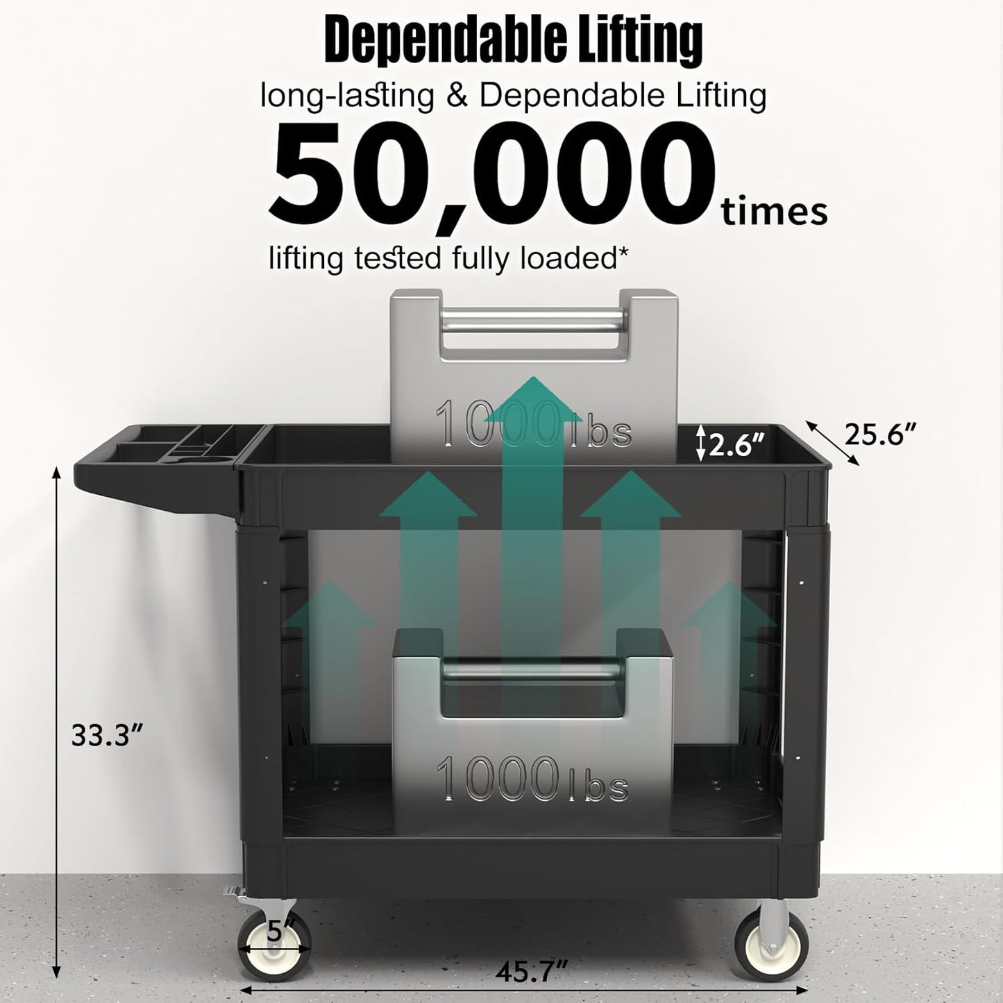 Utility Cart on Wheels, 1000 lbs Capacity Rolling Service Cart, 45 x 25 Inch Work Carts, 2 Shelf Heavy Duty Plastic Tool Cart, Lipped Shelves, for Warehouse, Garage, Cleaning, Black