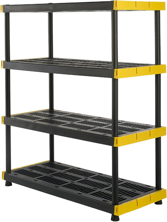 BLACK & YELLOW, 4-Tier Heavy Duty Plastic Storage Shelving Unit, 200lbs/shelf (55"H x 48"W x 20"D), for Indoor/Outdoor Organization, Modular Rack