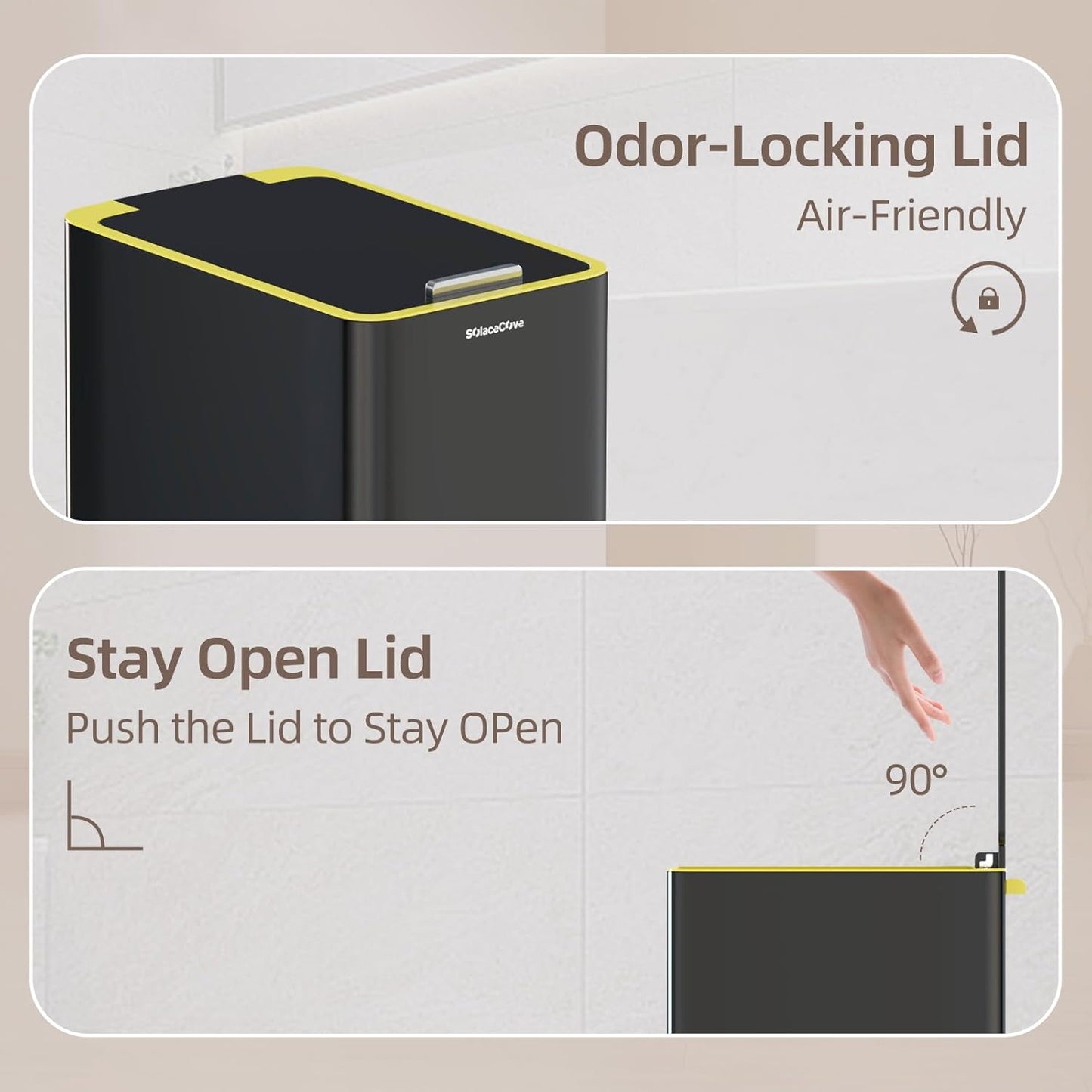 Stainless Steel Trash Can with Soft Close Lid,15 Liter/4 Gallon Garbage Can Kitchen Removable Wastebasket, Rectangular for Bathroom, Office (Black)