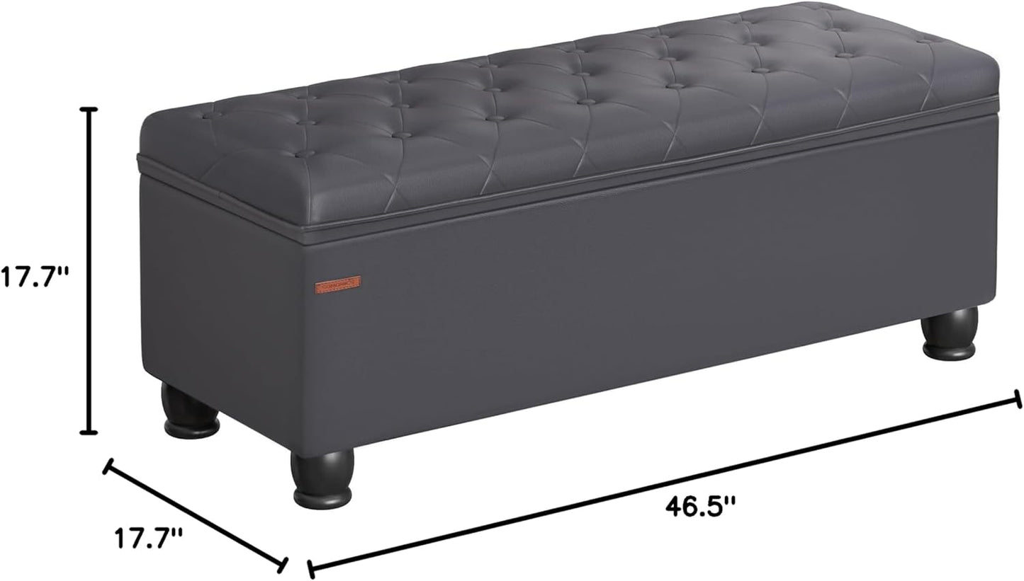 SONGMICS Storage Ottoman, Storage Bench, Tufted Entryway Bedroom Bench, 17.7 x 46.5 x 17.7 Inches, Hinges Easy Lid Operation, Wooden Legs, Synthetic Leather, Loads 330 lb, Dark Gray ULOM071G01