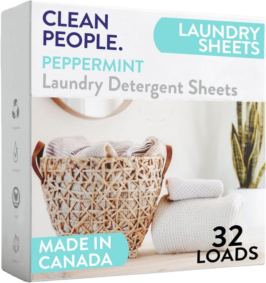 The Clean People Laundry Detergent Sheets - Laundry Soap - Ultra Concentrated, Recyclable Packaging, Stain Fighting - Peppermint, 32 Pack