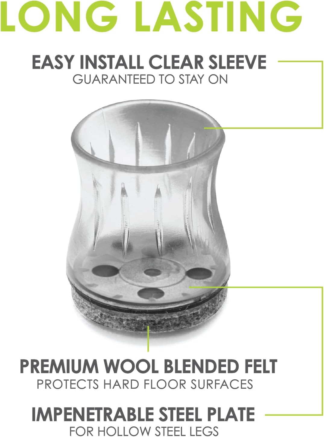 Slipstick GorillaFelt Chair Leg Floor Protectors for Hardwood Floors, Clear Sleeve Felt Pads for Furniture That Stay On, Fits Round & Square Legs, Includes 8 Premium Transparent Chair Socks, CB184