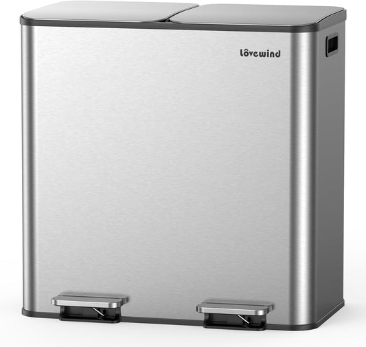 Lovewind Trash Can, 2 x 10.5 Gallon (2 x 40 L) Garbage Can for Kitchen Dual Compartment Recycling Kitchen Step Trash Bin, Stainless Steel Trash and Recycle Bin Combo with Soft-Close Lid, Silver
