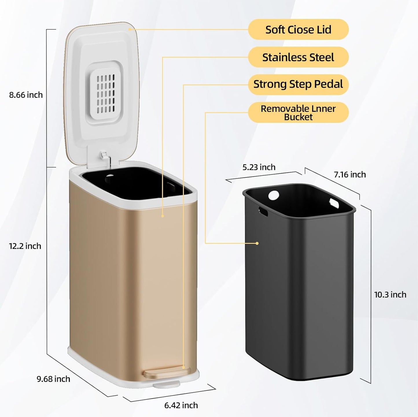 Champagne Gold Bathroom Trash Can with Lid Soft Close,1.6 Gallon Slim Garbage can,Small Metal Step Wastebasket for Office, Bedroom, Toilet, Live Room