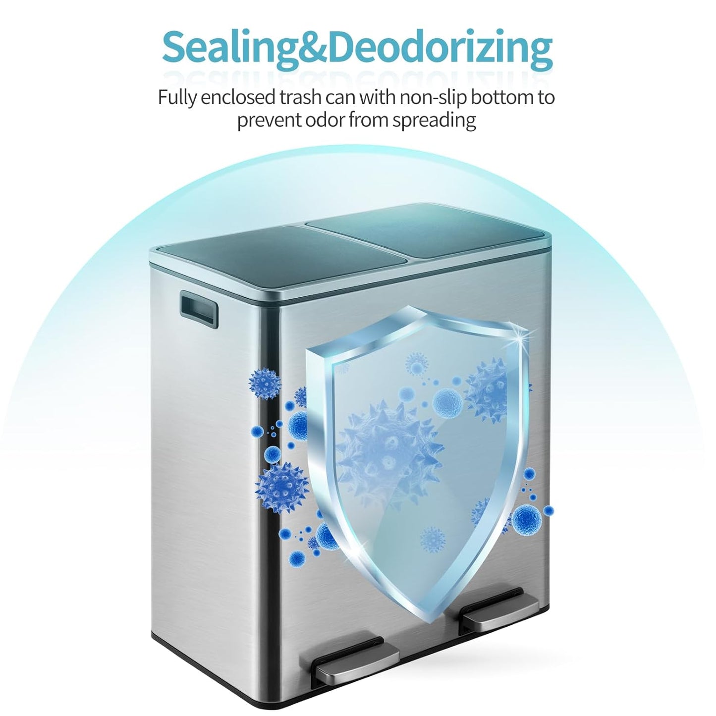 16 Gallon Rectangular Stainless Steel Trash Can, Dual Compartment Garbage Bin with Recycling Combo, Metal Dustbin Lid, Removable Liner, Indoor Hands Free Waste Bucket for Kitchen Home