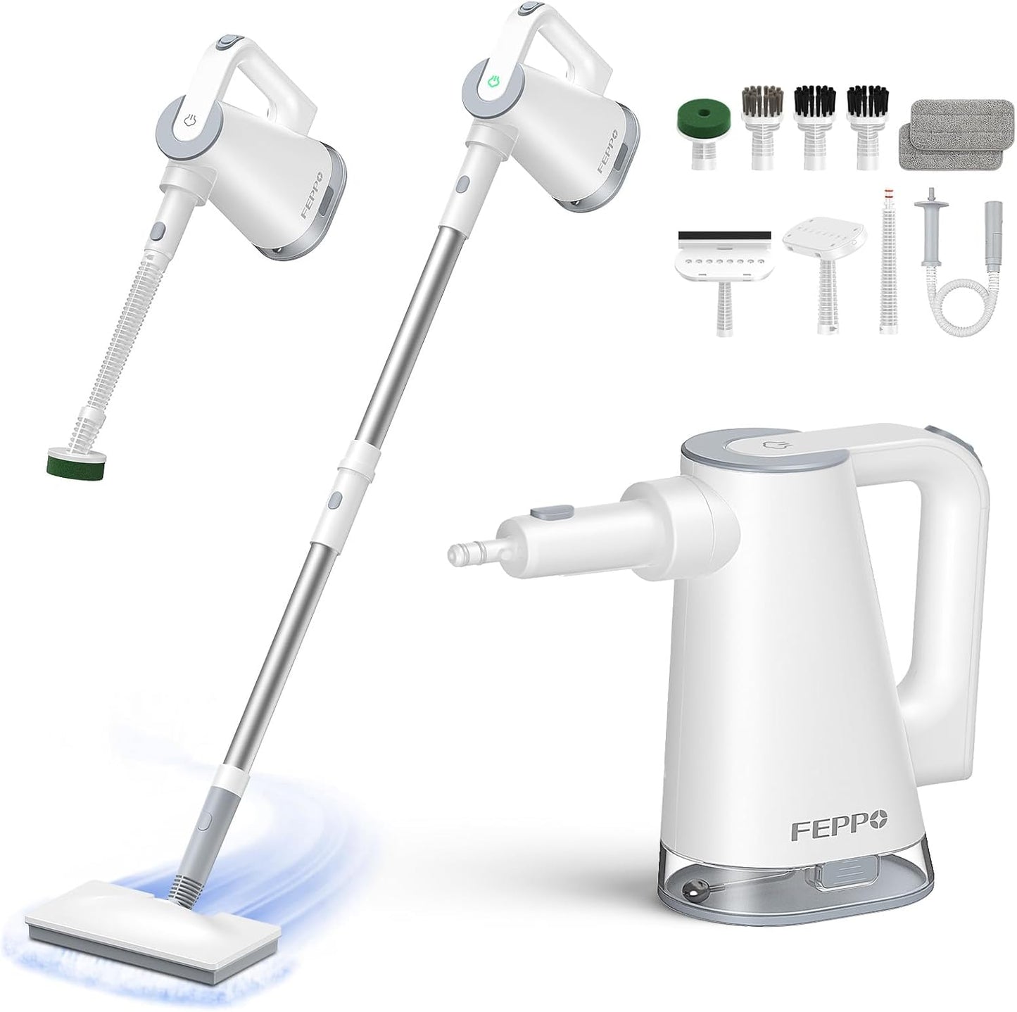 FEPPO Steam Mop with Detachable Handheld Steam Cleaner for Home and Floor Cleaning, 10-in-1 Multi-purpose Attachments & 2 Pads, Powerful Steamer for Floors, Hardwood, Tiles,Grout,Windows,Kitchen,Bath