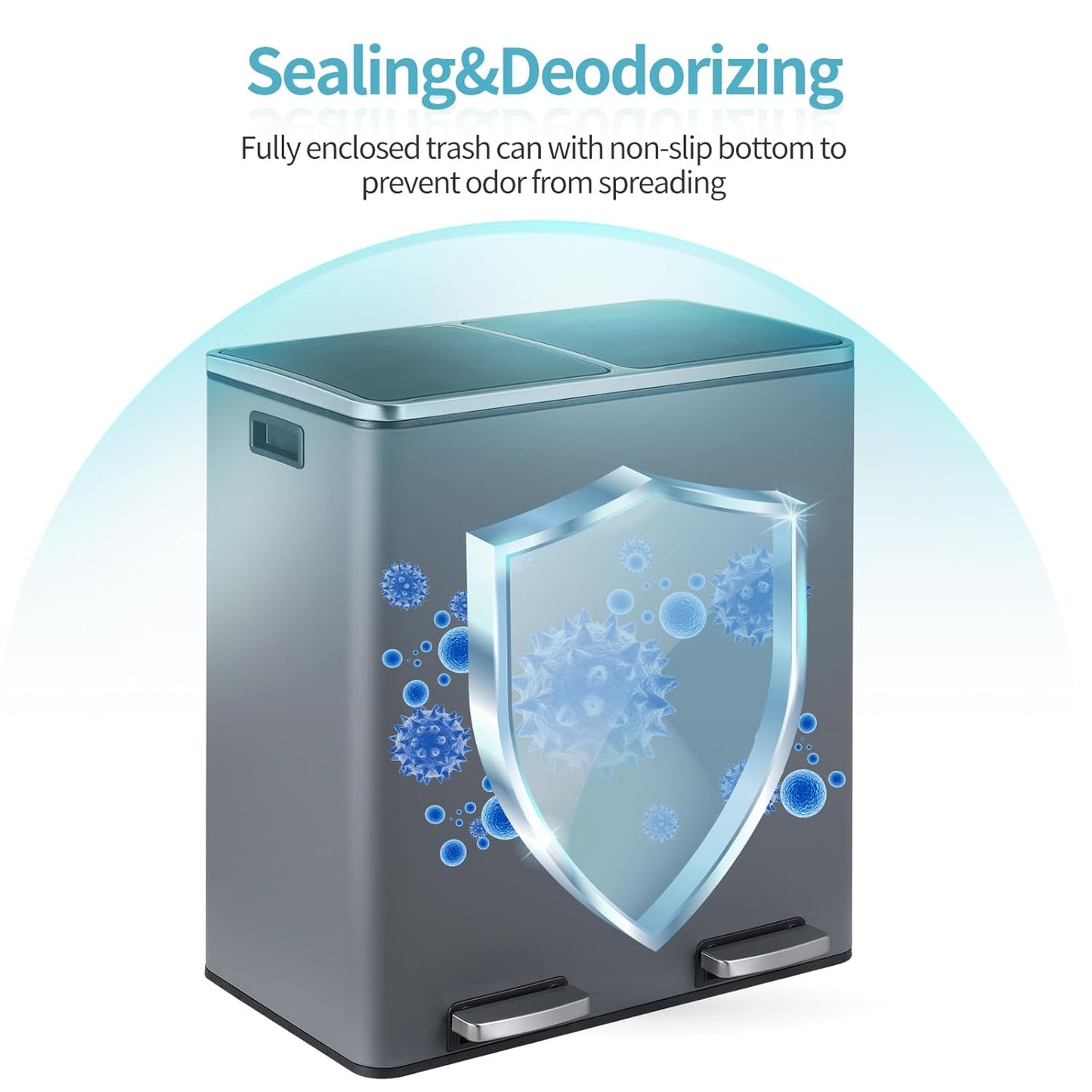 16 Gallon Rectangular Stainless Steel Trash Can, Dual Compartment Garbage Bin with Recycling Combo, Metal Dustbin Lid, Removable Liner, Indoor Hands Free Waste Bucket for Kitchen Home