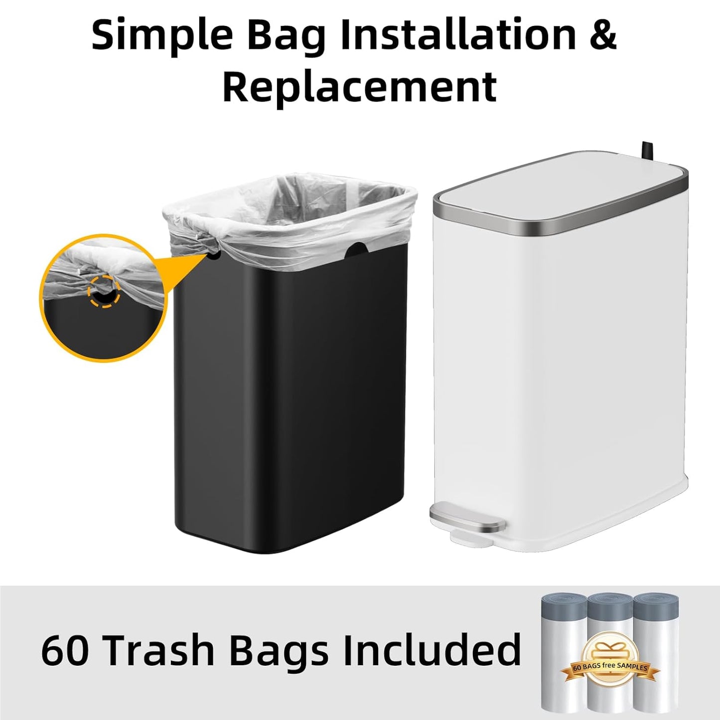 Stainless Steel Bathroom Trash Can with Lid Soft Close,1.6 Gallon Slim Garbage can,Small Metal Step Wastebasket for Office, Bedroom, Toilet, White