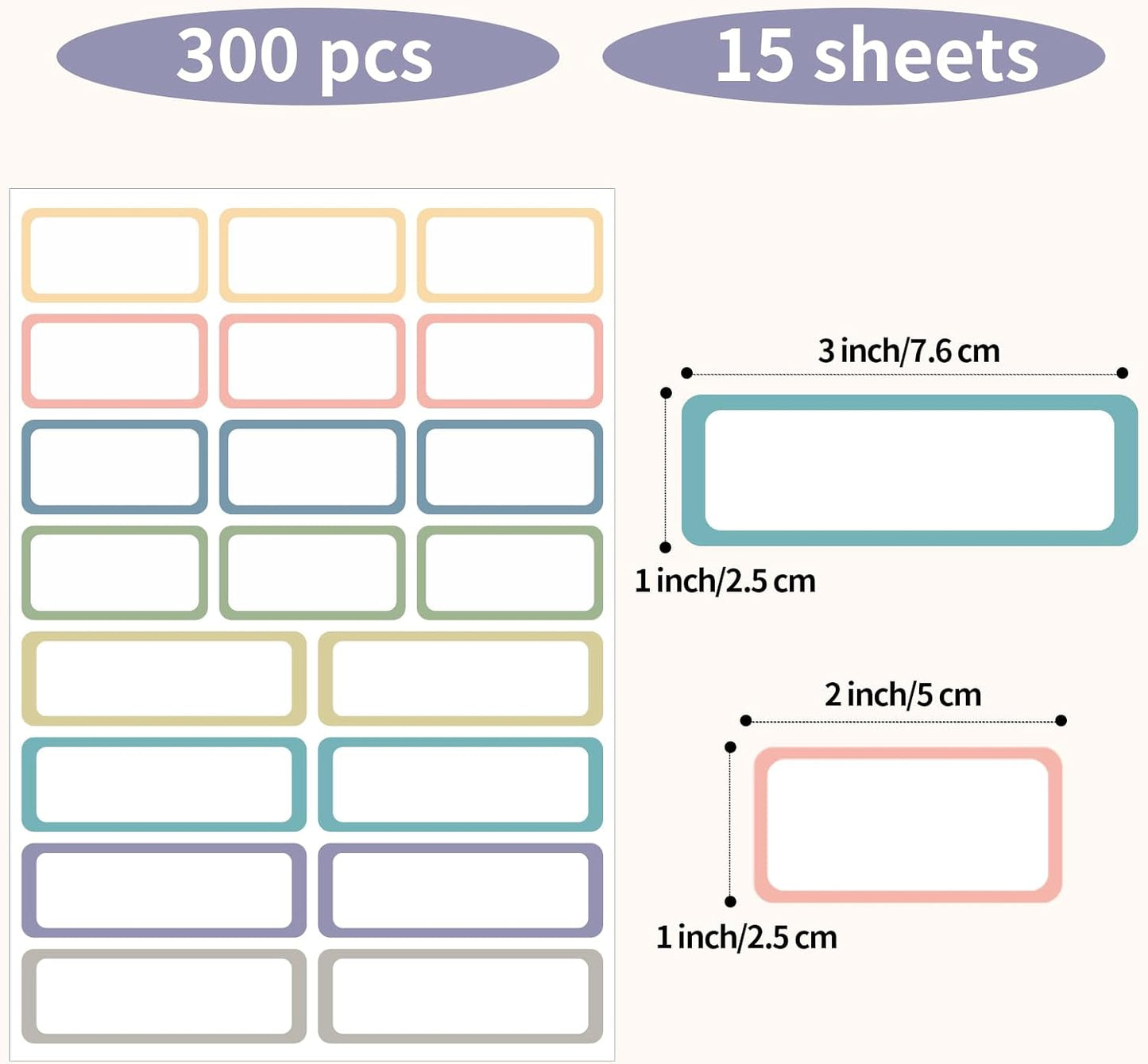 STARLIBOO Removable Labels, Removable Colored Labels Stickers, Self-Adhesive Rectangular Stickers Water/Oil/Tear Resistant for Storage/Classroom/Home (2 Size, 300 Labels)