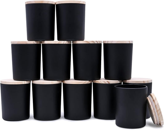 Thick Candle Jars for Making Candles 12 Pcs, 7 OZ Empty Jars with Wood Lids for Candle Making, Sample Container, Matte Black