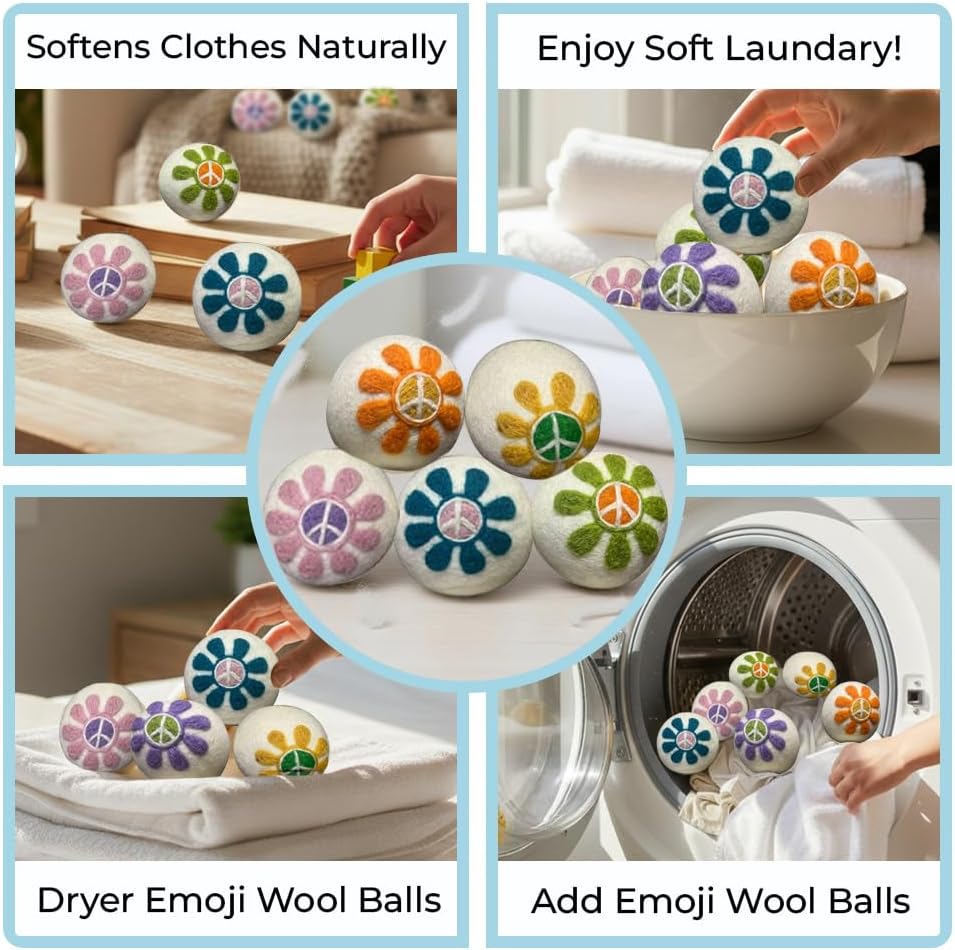 Ezhippie Quality Wool Dryer Balls - 6 XL Flower Pack - 1000+ Loads - Pure Organic Wool - Reusable Natural Fabric Softener Perfect with Essential Oils, Reduce Clothing Static and Wrinkles