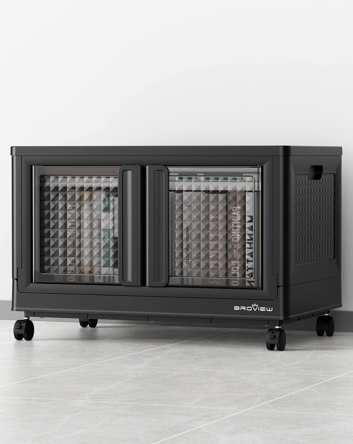 BROVIEW 100 Qt Stackable Storage Bin with Lid & Doors, 1 Pack Plastic Closet Organizer and Storage Drawer with Wheels, Large Collapsible Storage Box, Cabinet for Home, Office, V10, Black