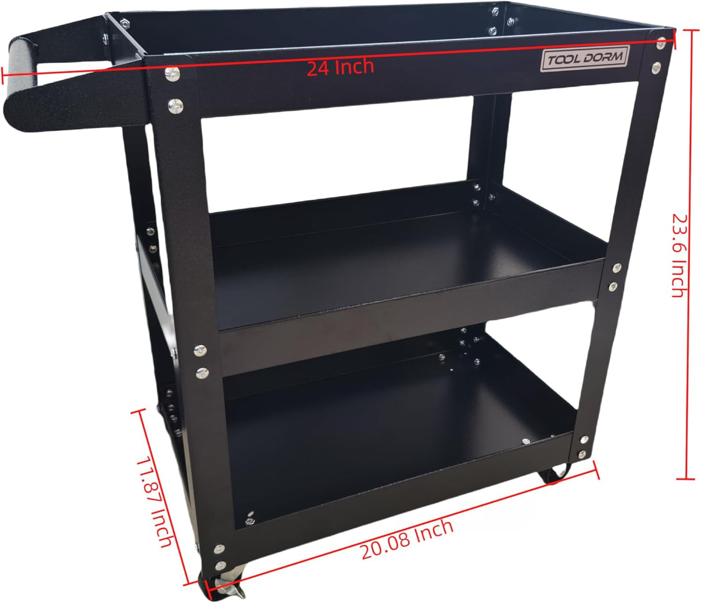 Utility Service Cart, 3 Shelf 150LBS Heavy Duty Steel Rolling Utility Cart, Medium Lipped Shelf, 360° Swivel Wheels, Ergonomic Storage Handle for Warehouse Garage, Black