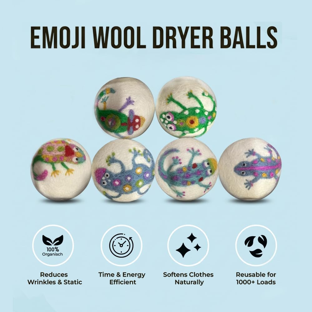 Ezhippie Quality Wool Dryer Balls - 6 XL Lizard Pack - 1000+ Loads - Pure Organic Wool - Reusable Natural Fabric Softener Perfect with Essential Oils, Reduce Clothing Static and Wrinkles