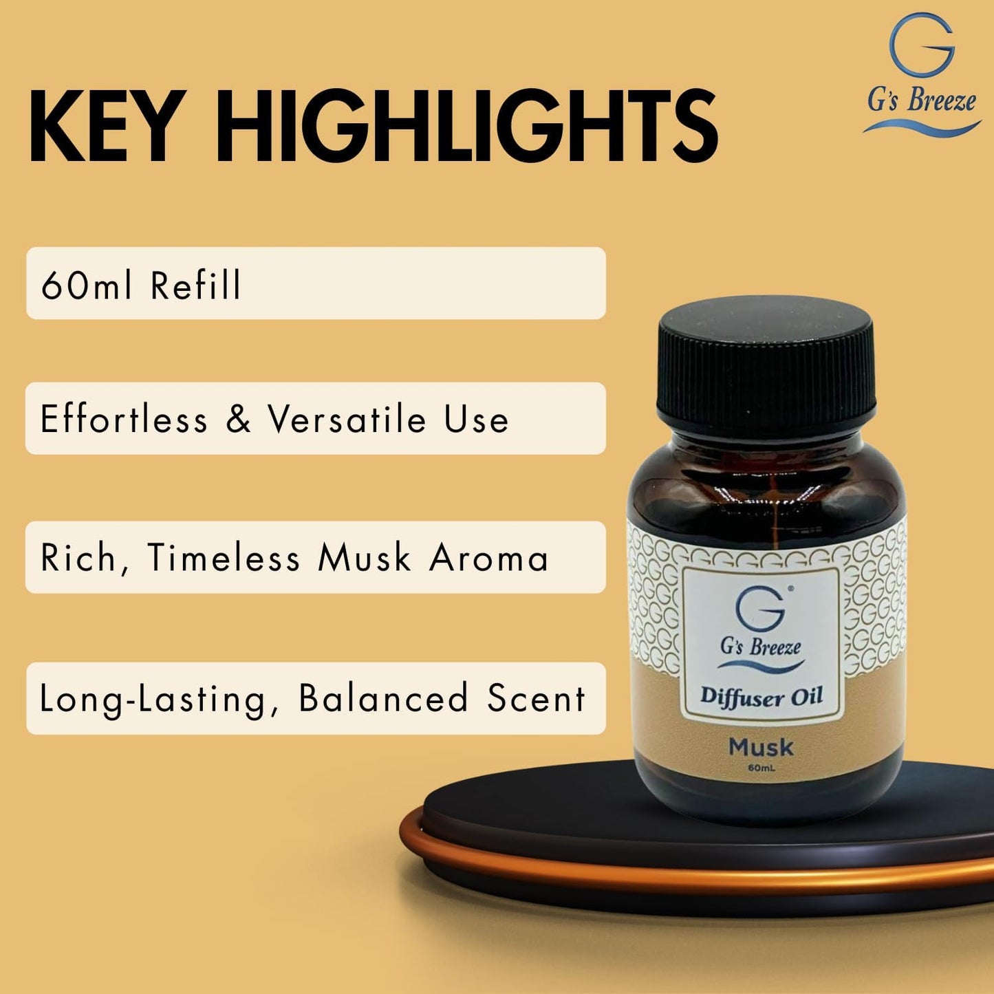 G’s Breeze Musk Diffuser Oil Refill – Warm, Rich & Soothing Musk Scent – Ideal for Bedrooms, Living Rooms, Offices & More – Elevate Your Space with a Timeless Aroma – 60 ML