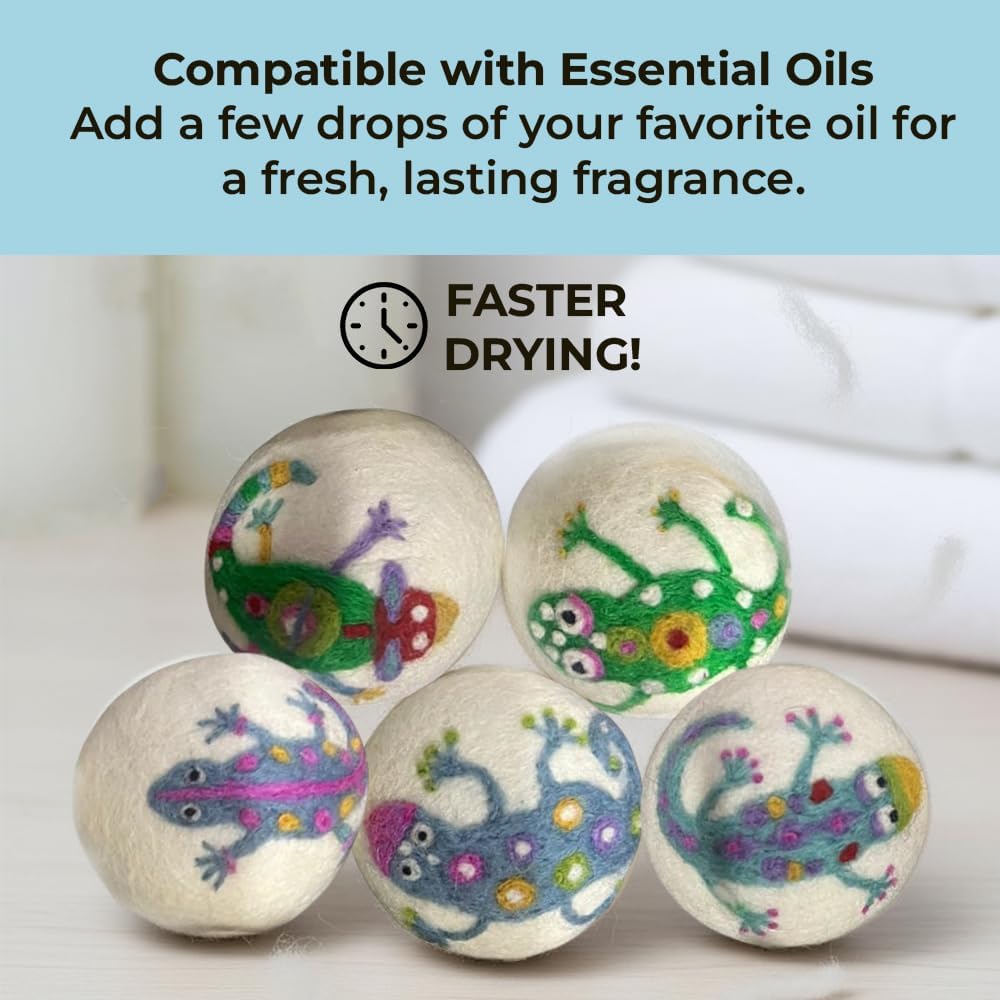 Ezhippie Quality Wool Dryer Balls - 6 XL Lizard Pack - 1000+ Loads - Pure Organic Wool - Reusable Natural Fabric Softener Perfect with Essential Oils, Reduce Clothing Static and Wrinkles