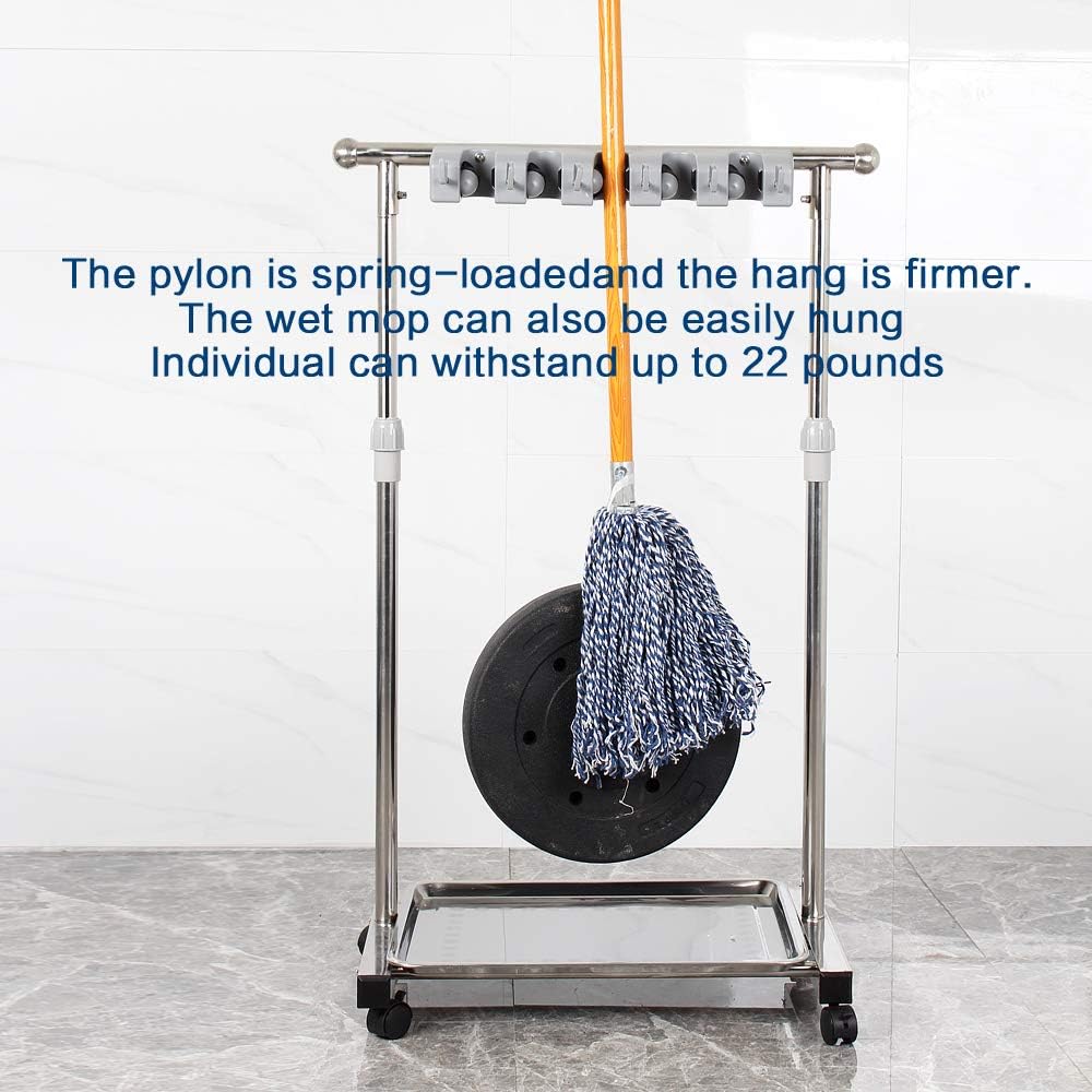 movable mop broom holder put wet mops floor standing cleaning tool rack stainless for schools, hospitals, factories, hotels, restaurant, etc.