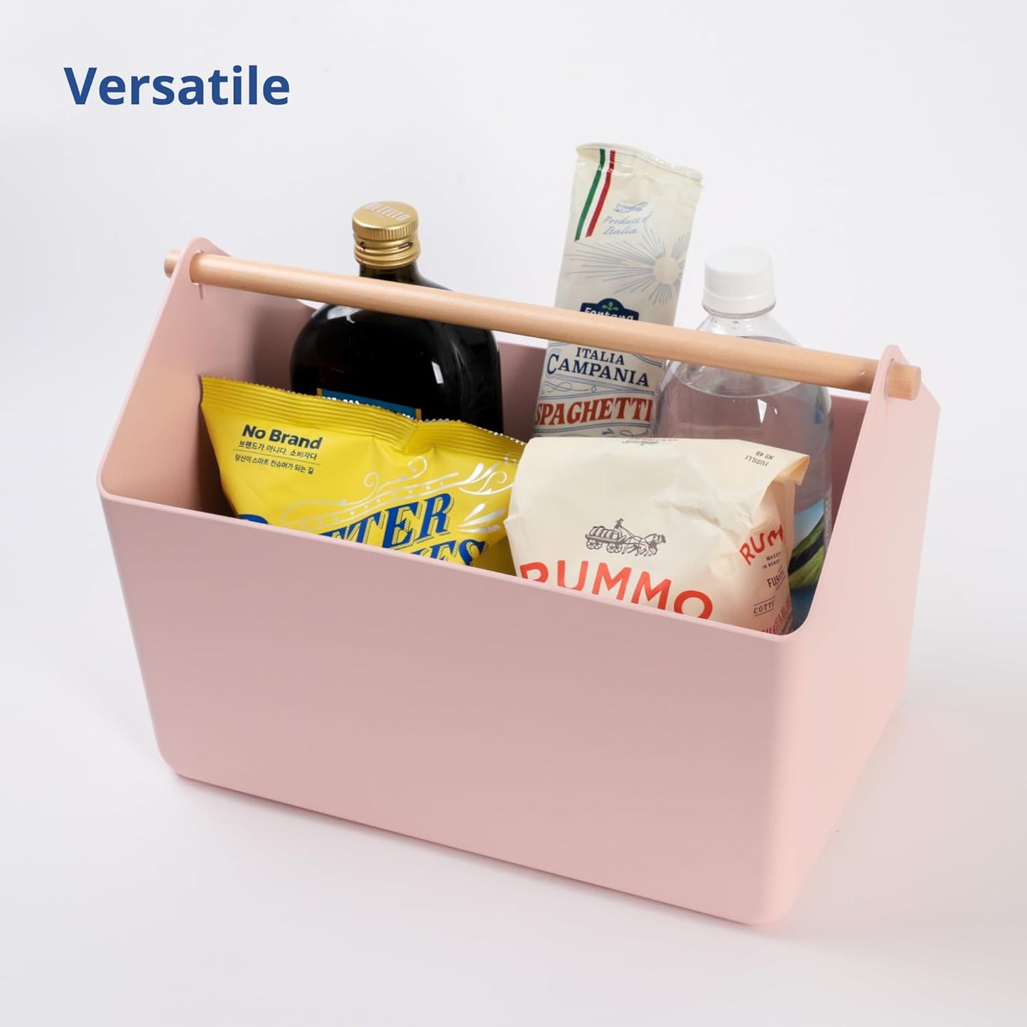 BLUE GINKGO Large Storage Basket – Plastic Caddy with Wooden Handle for Bathroom, Pantry, or Cleaning Supplies (Pink)