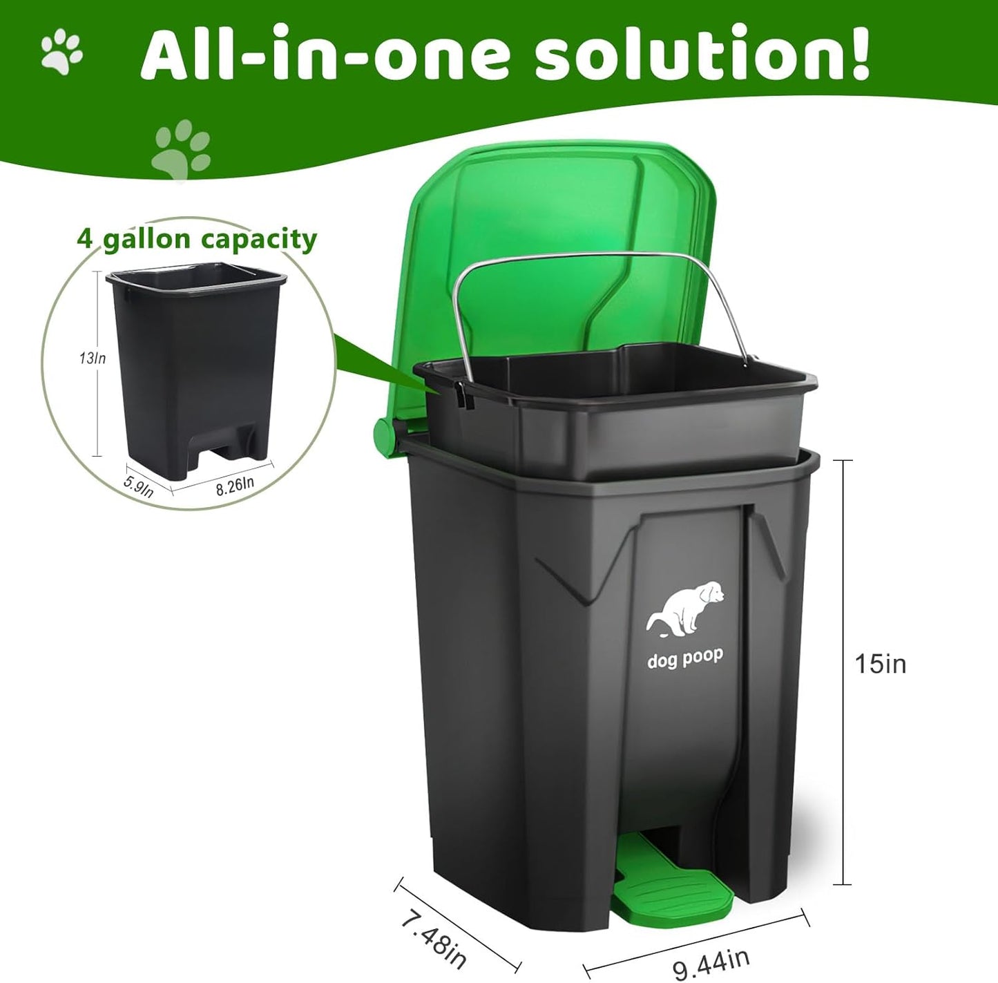 Dog Poop Trash Can Outside, 20L/5Gallon Dog Waste Trash Can with Lid, Pedal and Removable Inner Waste Bin, Pet Poop Bucket with 100 Bags, Green