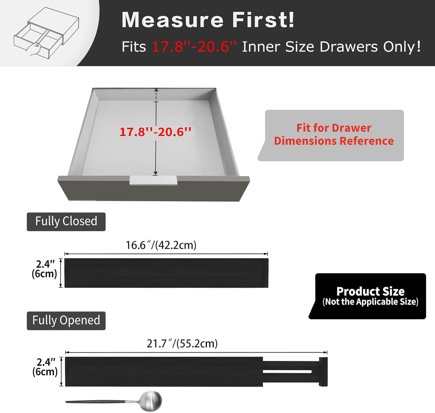 Utoplike 4 pcs Bamboo Kitchen Drawer Dividers Large, Adjustable Black Drawer Organizers, Spring Loaded, Works in Kitchen, Dresser, Bathroom, Bedroom, Drawer, Desk, 2.4" H