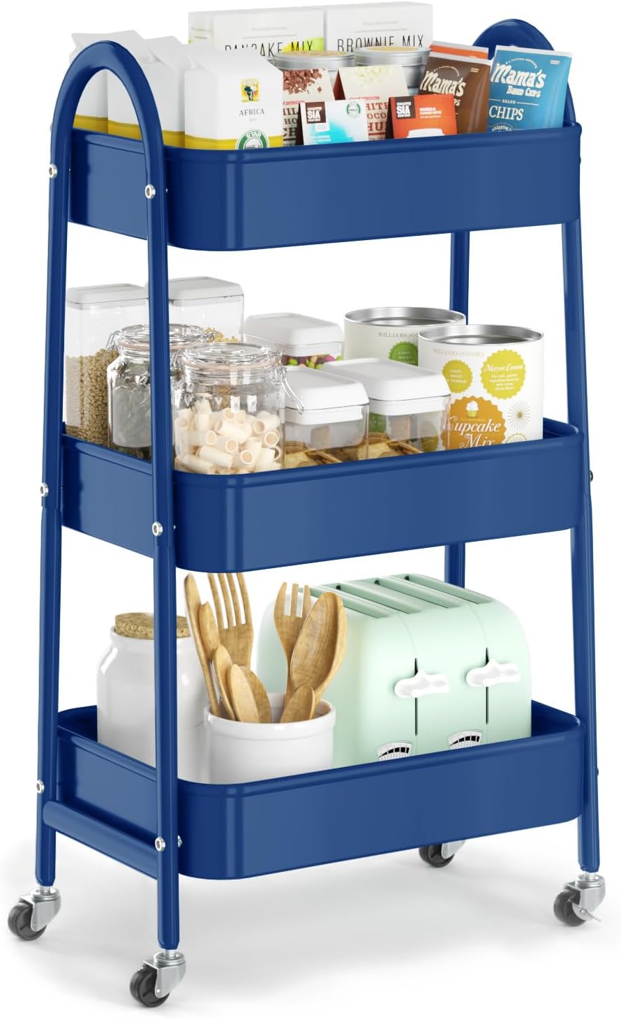 EAGMAK 3 Tier Utility Rolling Cart, Metal Storage Cart with Handle and Lockable Wheels, Multifunctional Storage Organizer Trolley with Mesh Baskets for Kitchen, Living Room, Office, Garage (Indigo)