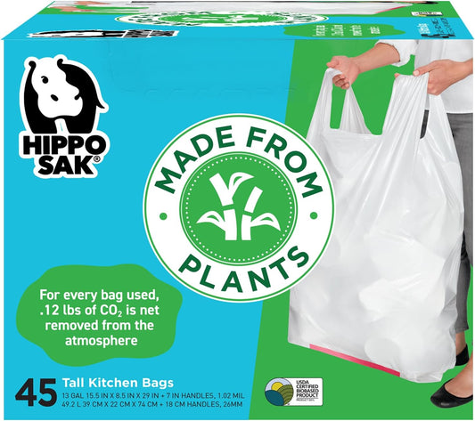 Hippo Sak - Plant Based Tall Kitchen Garbage Bags with Ergonomic Handles - 13 Gallon Trash Bags - Recyclable & Reduced Carbon Footprint - Super Strong and Leak Proof Tall Kitchen Trash Bags (45 Count)