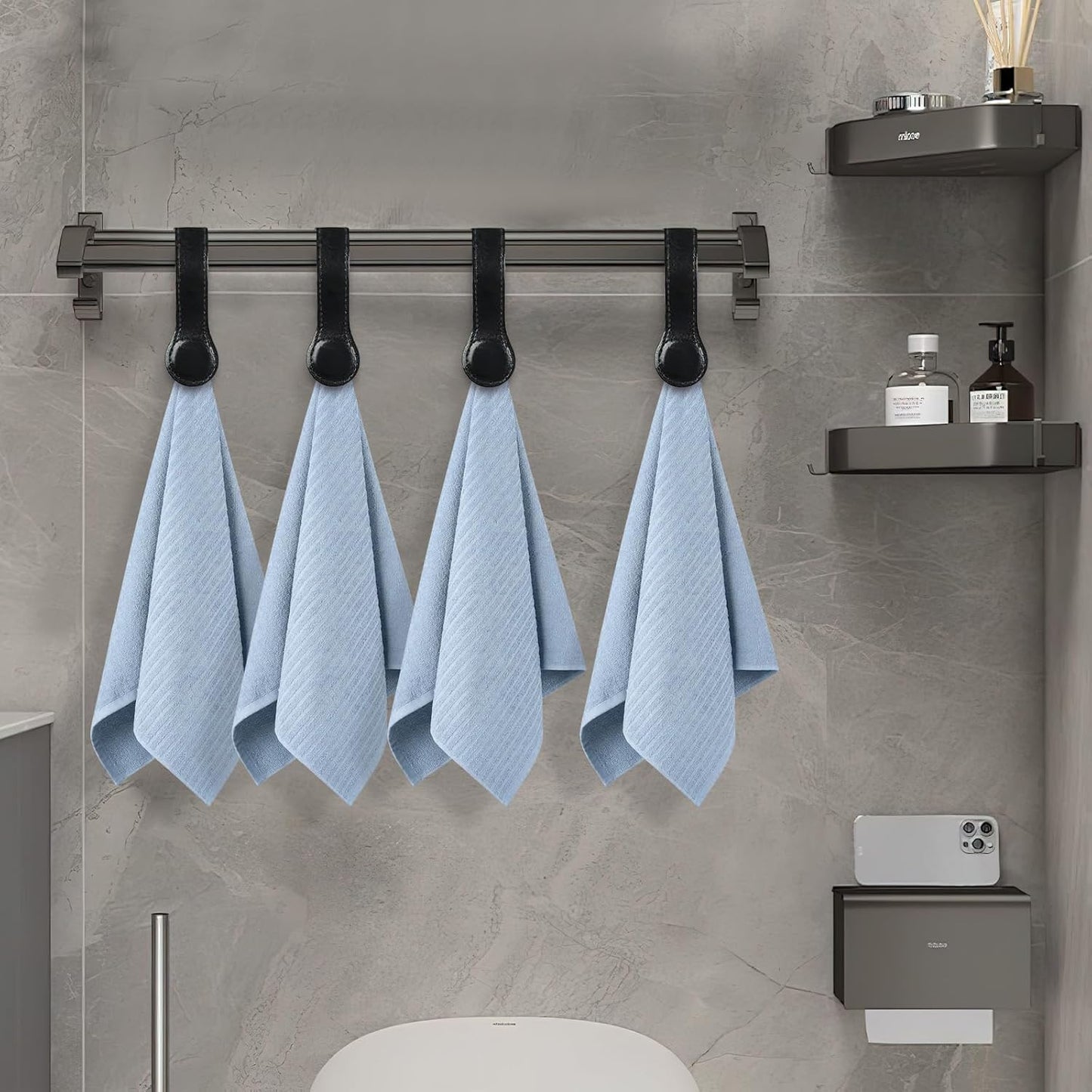 4 PCS Genuine Leather Towel Clips for Kitchen, Magnetic Hand Clips, Towel Holder with Magnet for Rods and Racks, Bathroom Accessory (Black)