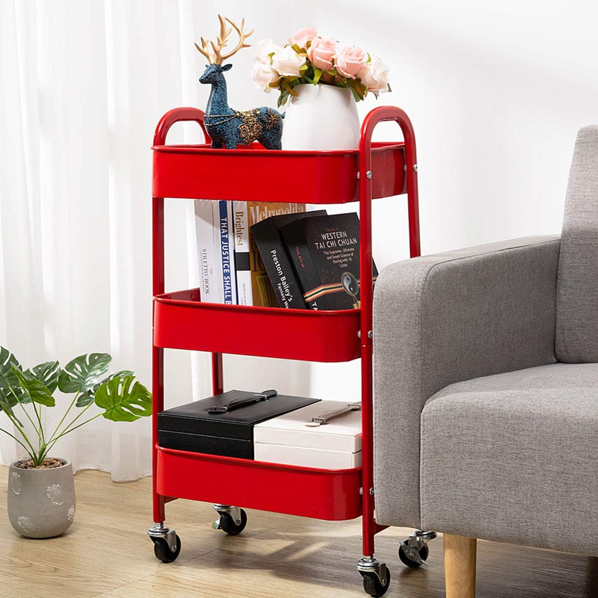 AGTEK Makeup Cart, Movable Rolling Organizer Cart, Red 3 Tier Metal Utility Cart