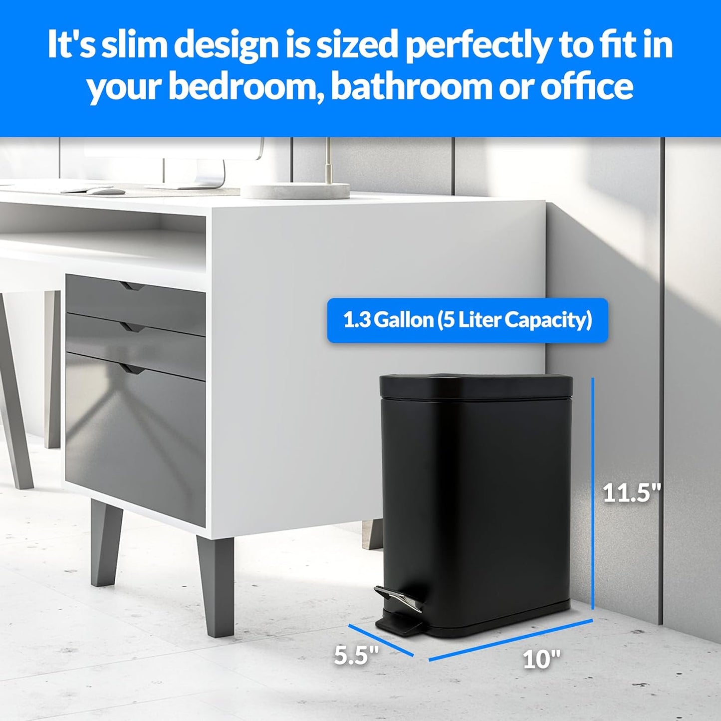 Reli. Small Trash Can with Lid, 1.3 Gallon (5 Liter) | Stainless Steel (Matte Black) | Small Bathroom Trash Can | Step Pedal Garbage Bin with Removable Bucket, Kitchen | Rectangular Metal Bin