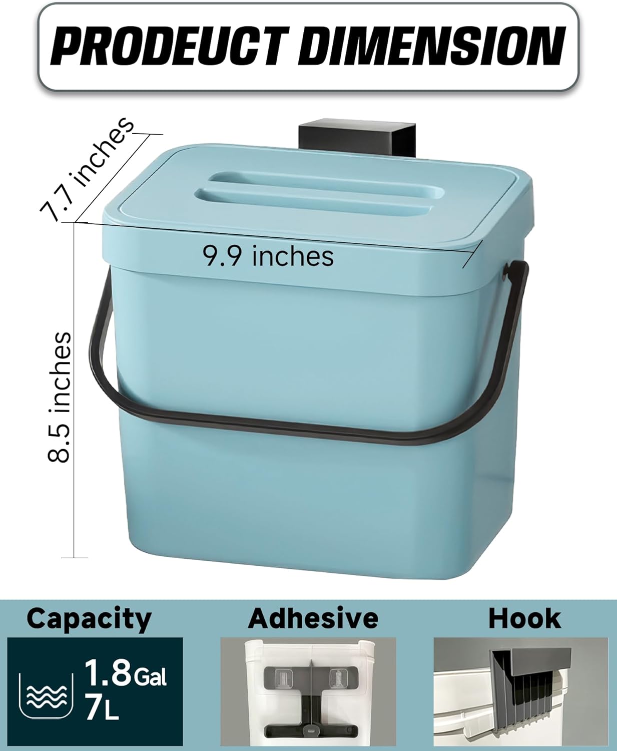 Kitchen Compost Bin - 1.8 Gallons Hanging Trash Can with Lid for Kitchen Cabinet Door, Under Sink, Wall Mounted Waste Bin for Bathroom, 7L(Subtle Blue)