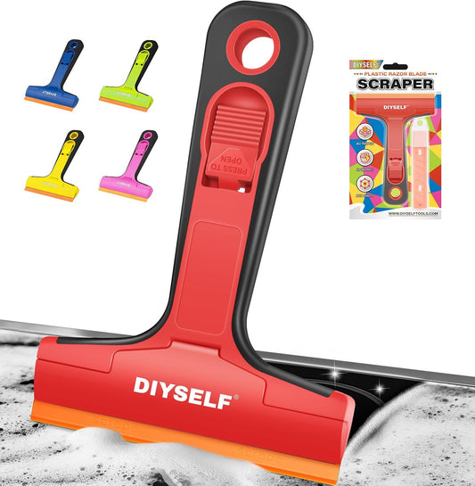 DIYSELF-Razor-Blade-Scraper, 1 Pack Razor Blade Scraper, Extra 5 PCS Orange Plastic Blades, Razor Blade Scraper Tool for Cleaning, Glass Scraper for Windows, Razor Scraper Tool for Car, Cooktop