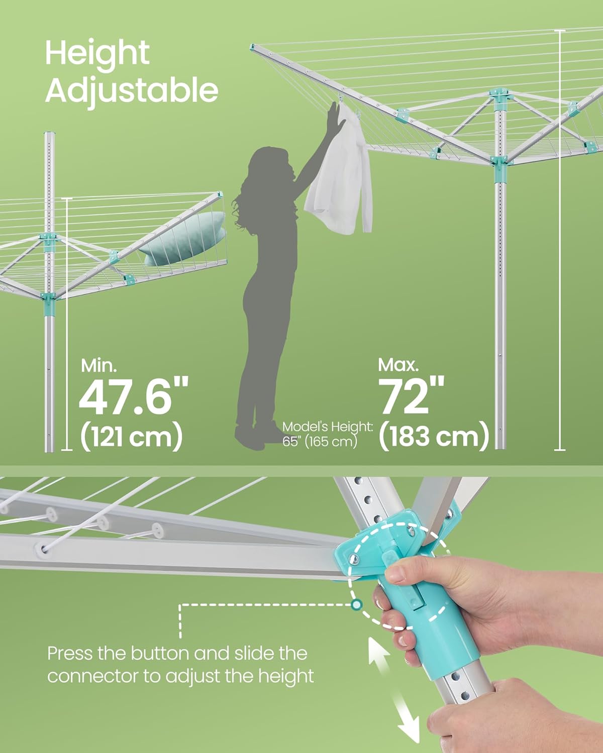 SONGMICS Umbrella Drying Rack, Retractable Outdoor Drying Rack, Height Adjustable, 164 ft Long Clothesline, Holds 5 Laundry Loads, for Garden, with Ground Spike, Cover, Silver and Green ULLR301E01