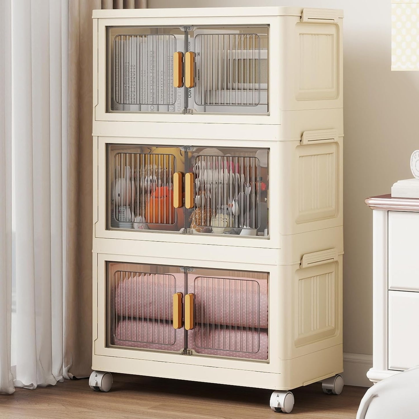 3 Tier Stackable Plastic Storage Bins with Lids 28QT, Collapsible Closet Organizers and Storage with Wheels for Living Room,Office,Dorm