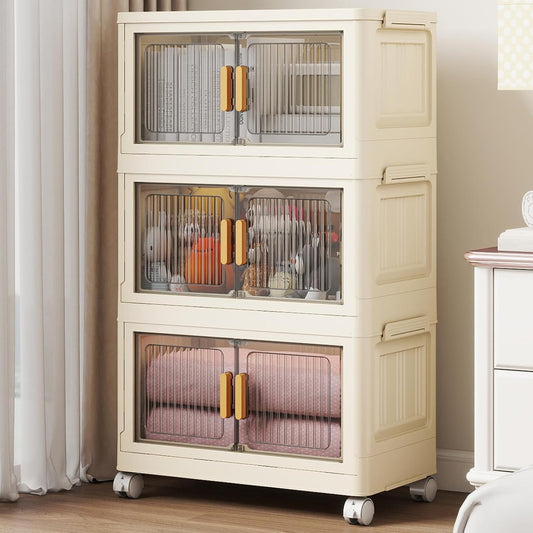 3 Tier Stackable Plastic Storage Bins with Lids 28QT, Collapsible Closet Organizers and Storage with Wheels for Living Room,Office,Dorm