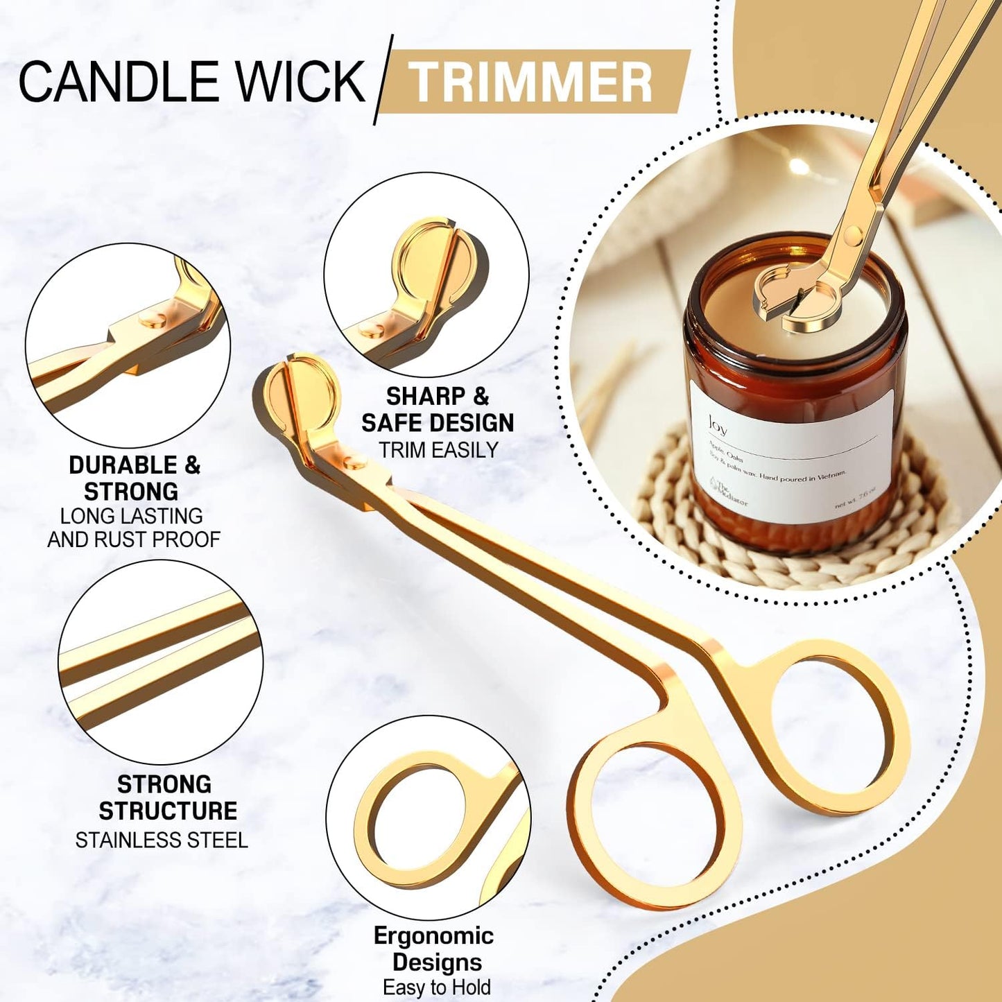 5 in 1 Candle Accessory Set,Candle Wick Trimmer Cutter,Candle Wick Dipper,Candle Wick Snuffer,Rechargeable Candle Lighter,Tweezers,Stainless Steel Candle Care Kit Home Gift for Aromatherapy(Gold)