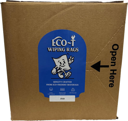 25 Lb Box Eco-T Mechanic Shop Rags - Colored T-Shirt Material, 100% Recycled, Eco-Friendly, High Absorbency, Low Lint, Low-Cost, Industrial Use Wiping Cloth