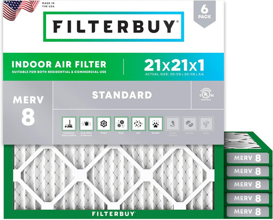 Filterbuy 21x21x1 Air Filter MERV 8 (MPR 700) Dust Defense Replacement (6-Pack), Electrostatic Pleated HVAC AC Furnace Filters, Made in USA (Actual Size: 20.88 x 20.88 x 0.75)
