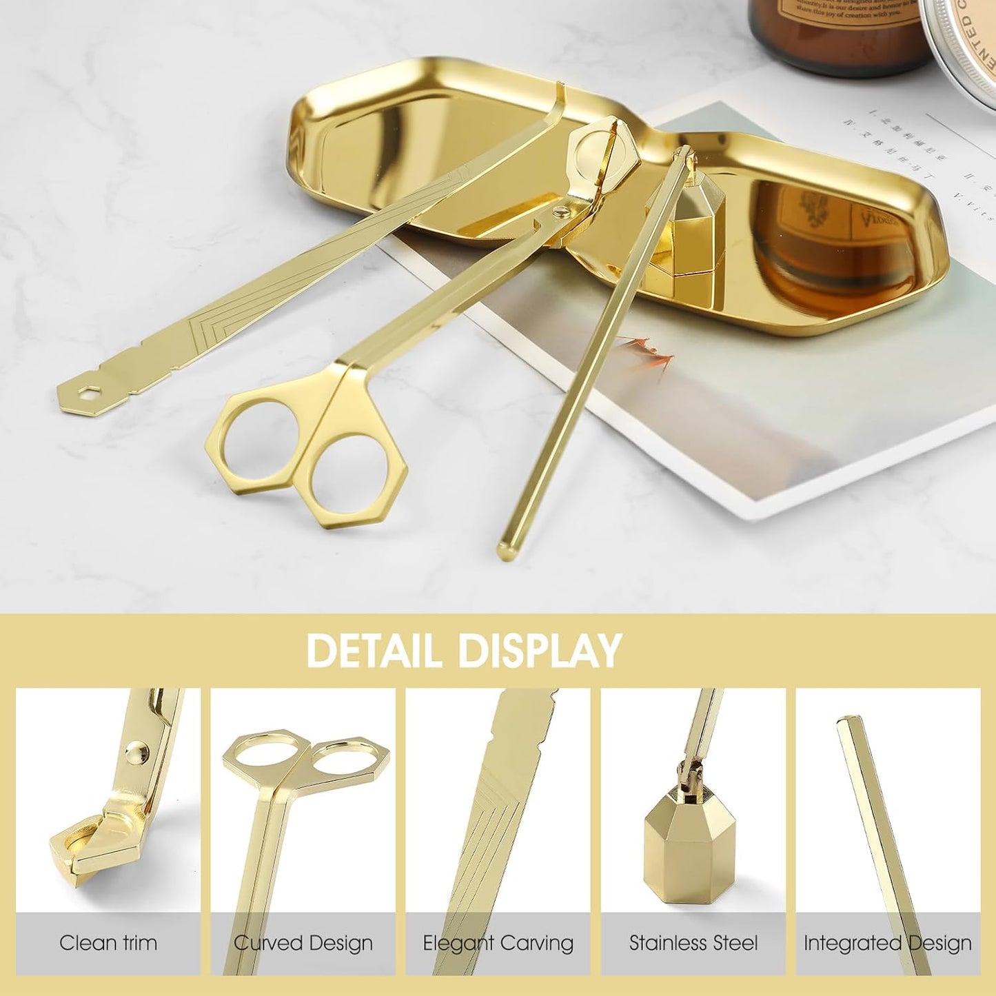 3-in-1 Candle Accessory Set, Wick Trimmer, Candle Snuffer, Wick Spoon, Stainless Steel Material Perfect for Candle Lovers(Gold)