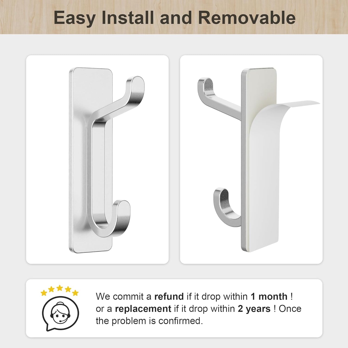 pickpiff Wall Hooks for Coat and Towel: 13LB Adhesive Door Hanger Stick on, Silver 4 Pack