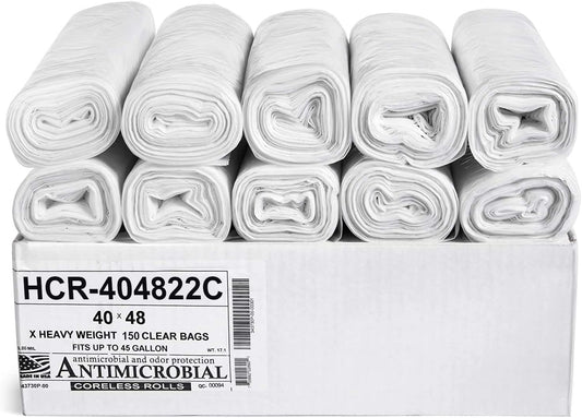 Aluf Plastics High Density Trash Bags, 45 Gallon, 150 Count, 22 Micron (eq), 40" x 48", Clear, for Bathroom, Office, Industrial, Commercial, Janitorial, Municipal, Recycling