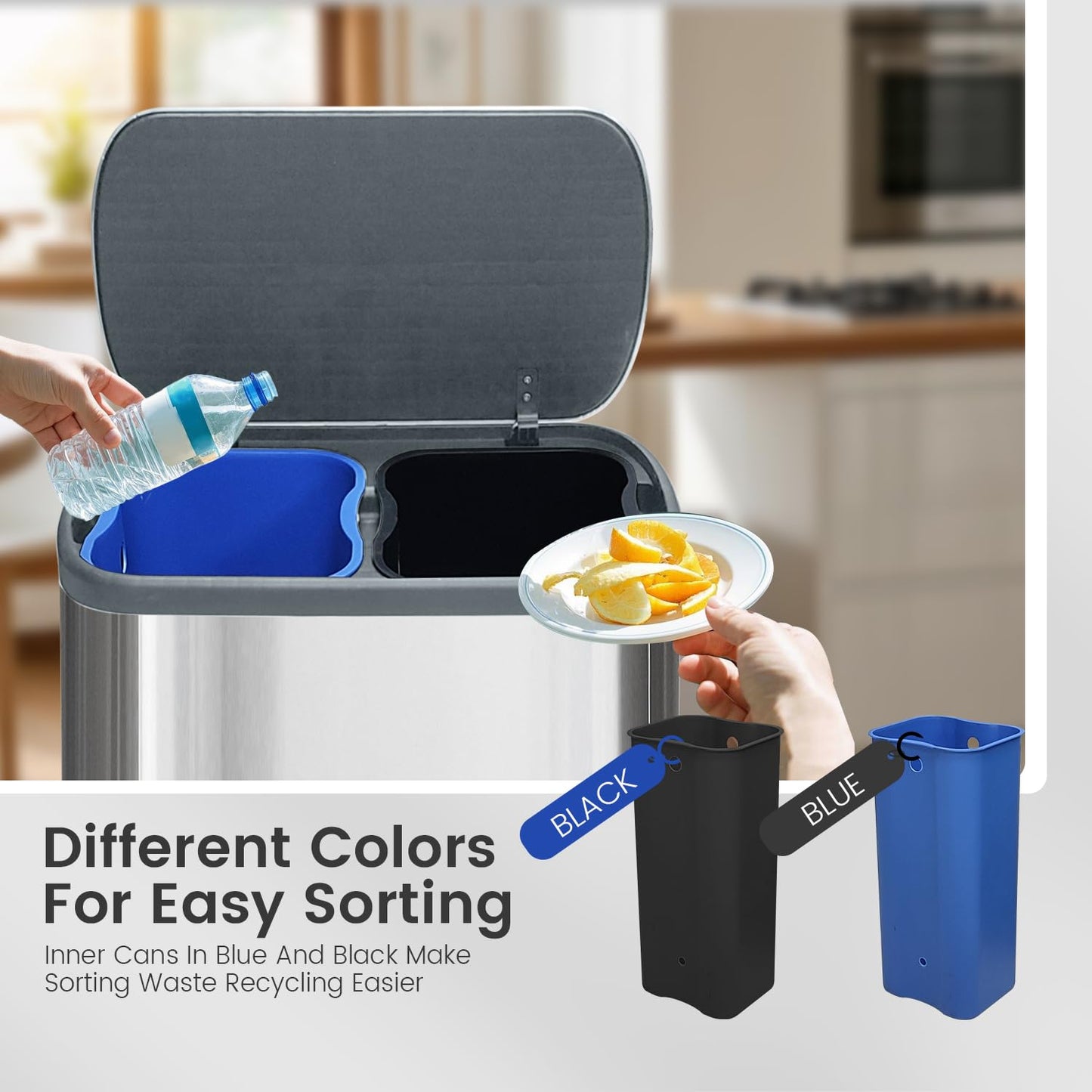 Kitchen Trash Can 16 Gallon, 2 x 30 Liters Trash and Recycle bin Combo, Dual Compartment & Soft Close Lid, Stainless Steel Trash Can, Fingerprint-Proof, 60L Pedal Recycling Bin