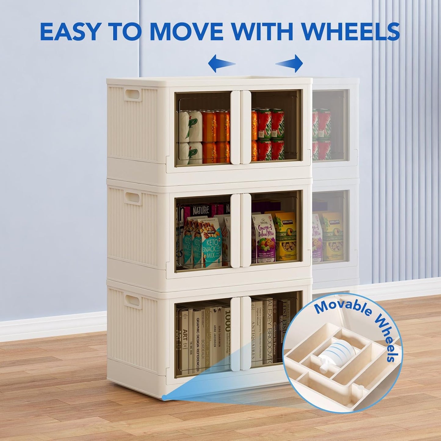 FLEXIMOUNTS 152 QT Stackable Storage Bins With Lids, Collapsible Plastic Storage Bins, Closet Organizers and Containers with Doors and Built-in Wheels For Home, 2 Pack Cubes, Milky White