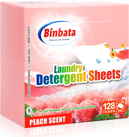 Laundry Detergent Sheets - Up To 128 Loads, Hypoallergenic, Eco-Friendly Peach Scent, Biodegradable, Plastic Free, Liquidless Laundry Sheets Suitable for Sensitive Skin