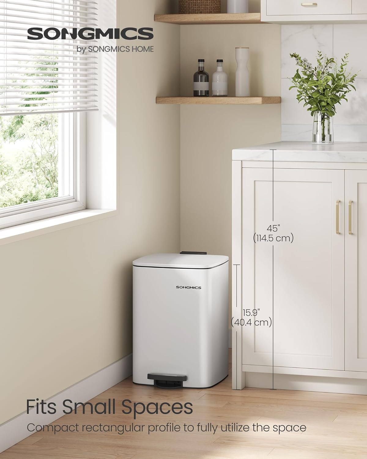 SONGMICS Kitchen Trash Can, 5.2-Gallon (20 L) Trash Bin, Stainless Steel Garbage Can, with Inner Bucket, Soft Close and Stays Open, Cloud White ULTB592W01