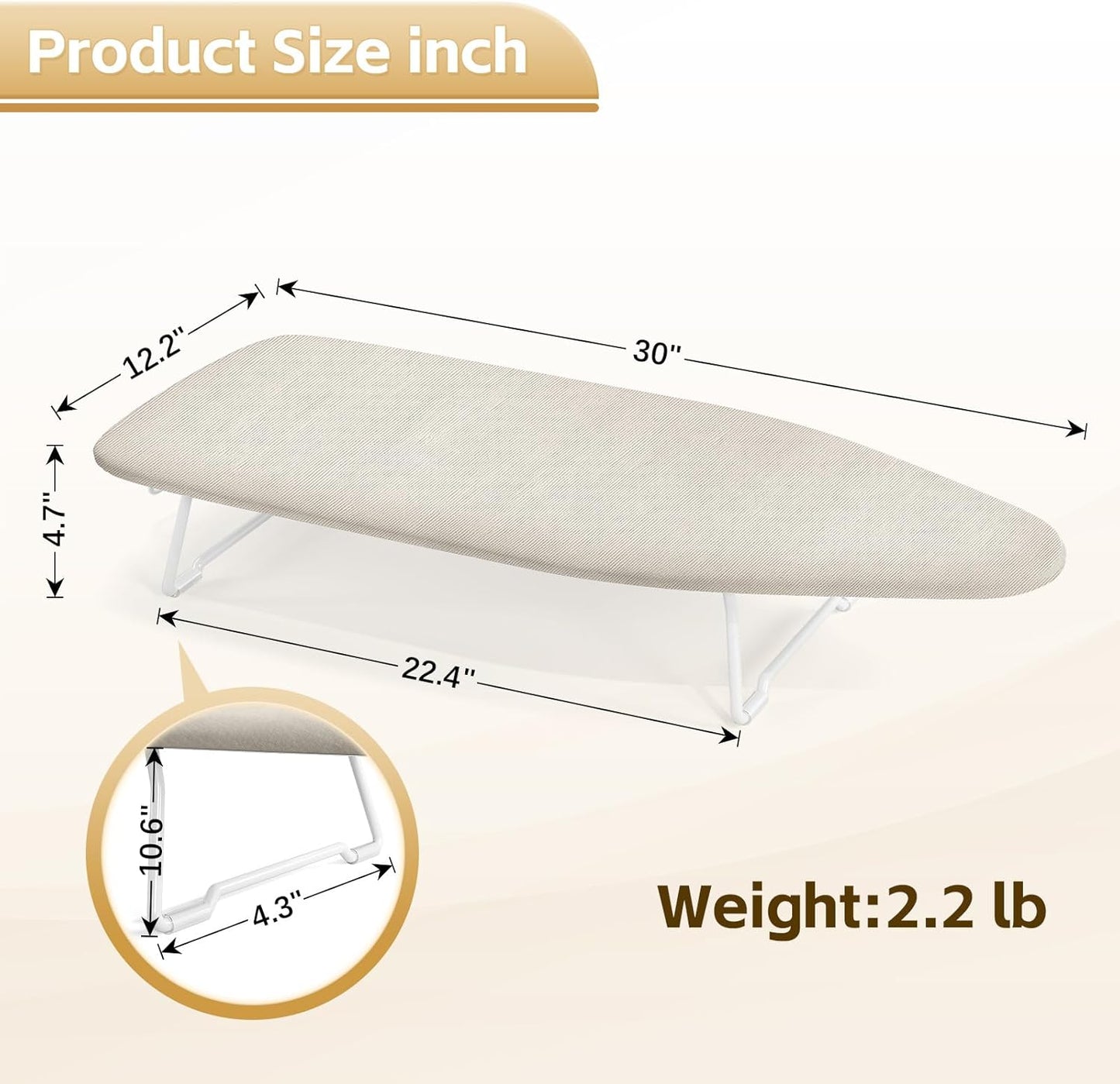 Small Ironing Board Tabletop with Heat Resistant Cover, Compact Mini Ironing Board with Metal mesh Frame, for dorms, aprtment and Travel, Hook for Hanging, Iron Board 30x12, Iron Table Stand Beige