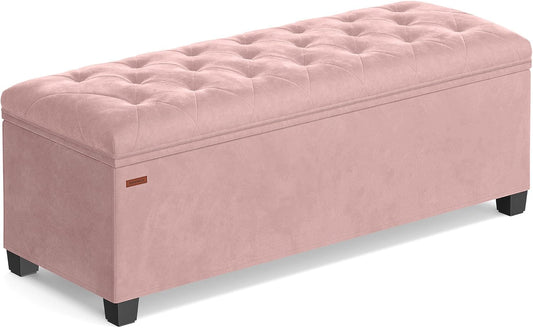 SONGMICS Velvet Storage Ottoman Bench, Foot Rest with Legs, 15.7 x 43 x 15.7 Inches, End of Bed Bench, Storage Chest, Load up to 660 lb, for Living Room, Bedroom, Entryway, Jelly Pink ULSF089R01