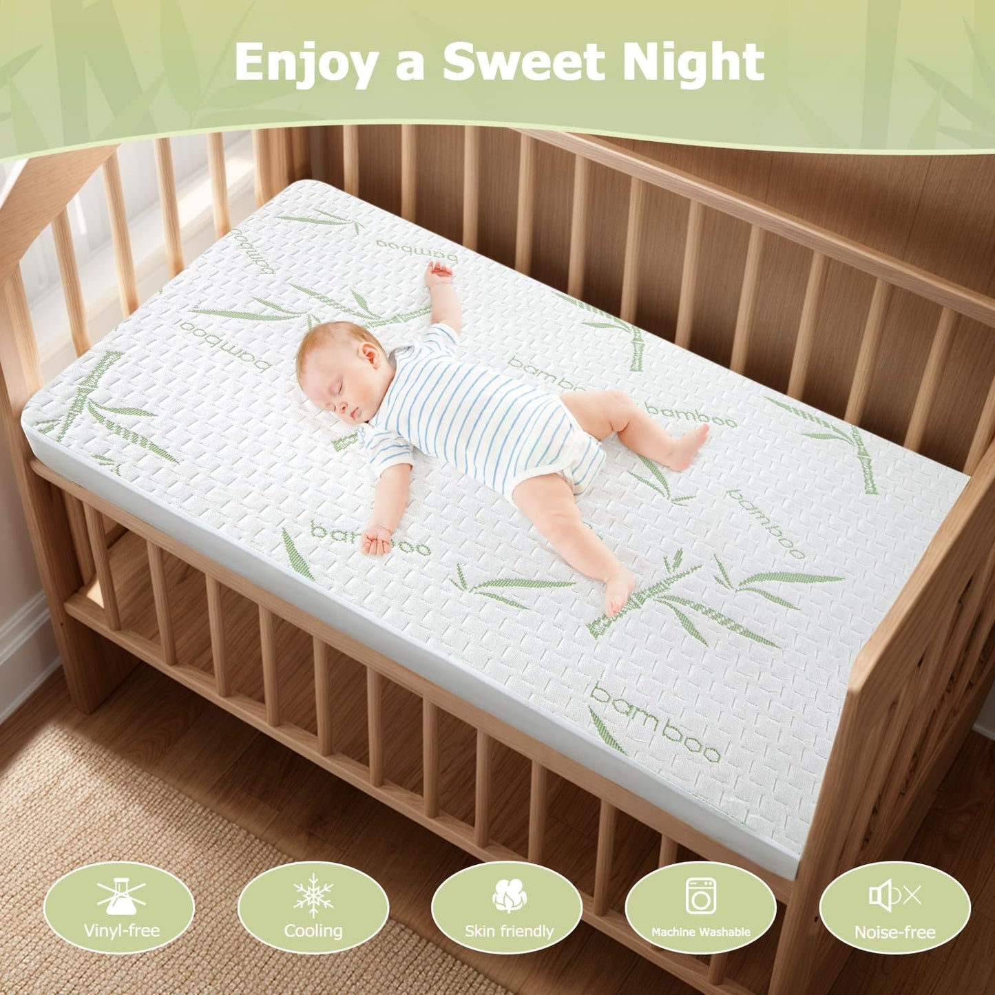 Mattress Protector Soft Crib Rayon Bamboo Waterproof Mattress Pad Cover, Soft Breathable Cooling Deep Pocket Stretches up to 21” Tightly Fitted Mattress Protection