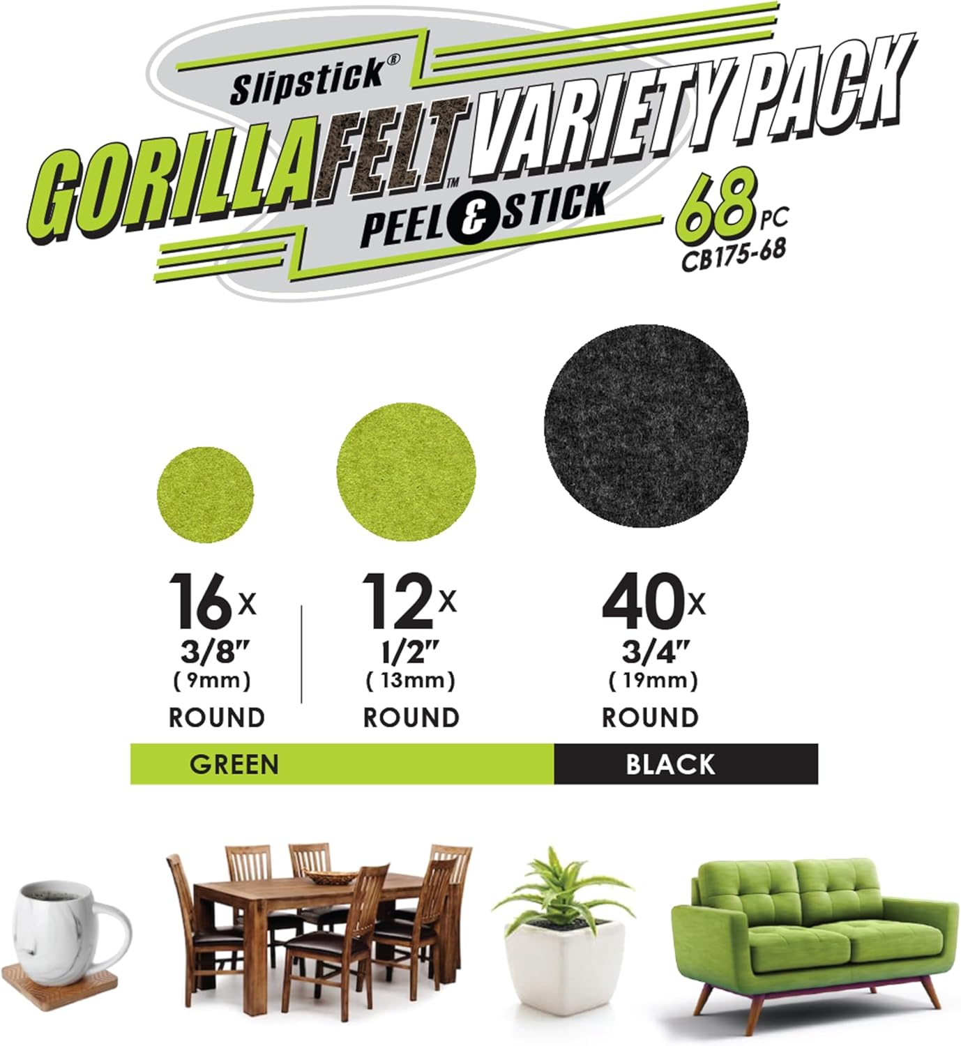 Slipstick Gorilla Felt ¾ Inch Furniture Pads (68 Pcs) Premium Furniture Pads & Chair Leg Floor Protectors for Hardwood Floors & Hard Surfaces