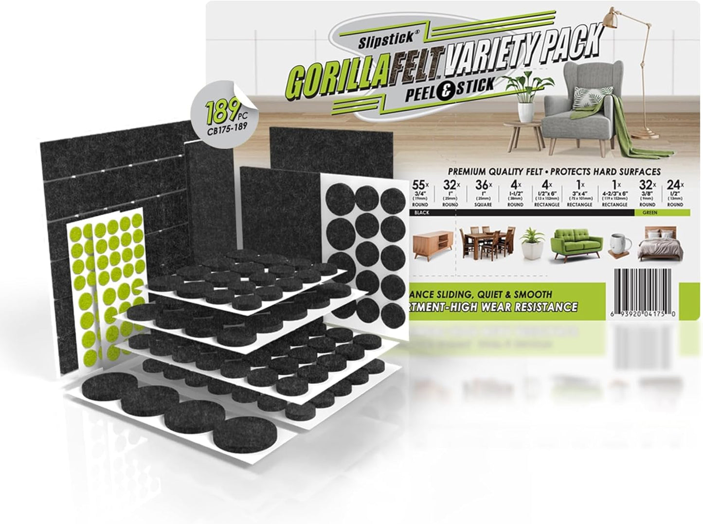 Slipstick Gorilla Felt Furniture Pads (189 Piece Variety Pack) Premium Furniture Pads & Chair Leg Floor Protectors for Hardwood Floors & Hard Surfaces