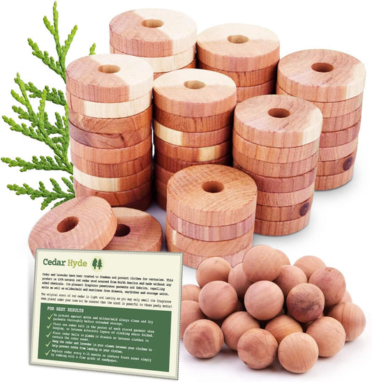 Cedar Blocks for Clothes Storage | Cedar Balls & Rings | Dresser Drawer Freshener Odor Eliminator | 40 Pieces, 30 Rings & Bonus 10 Balls, U.S.A Seller